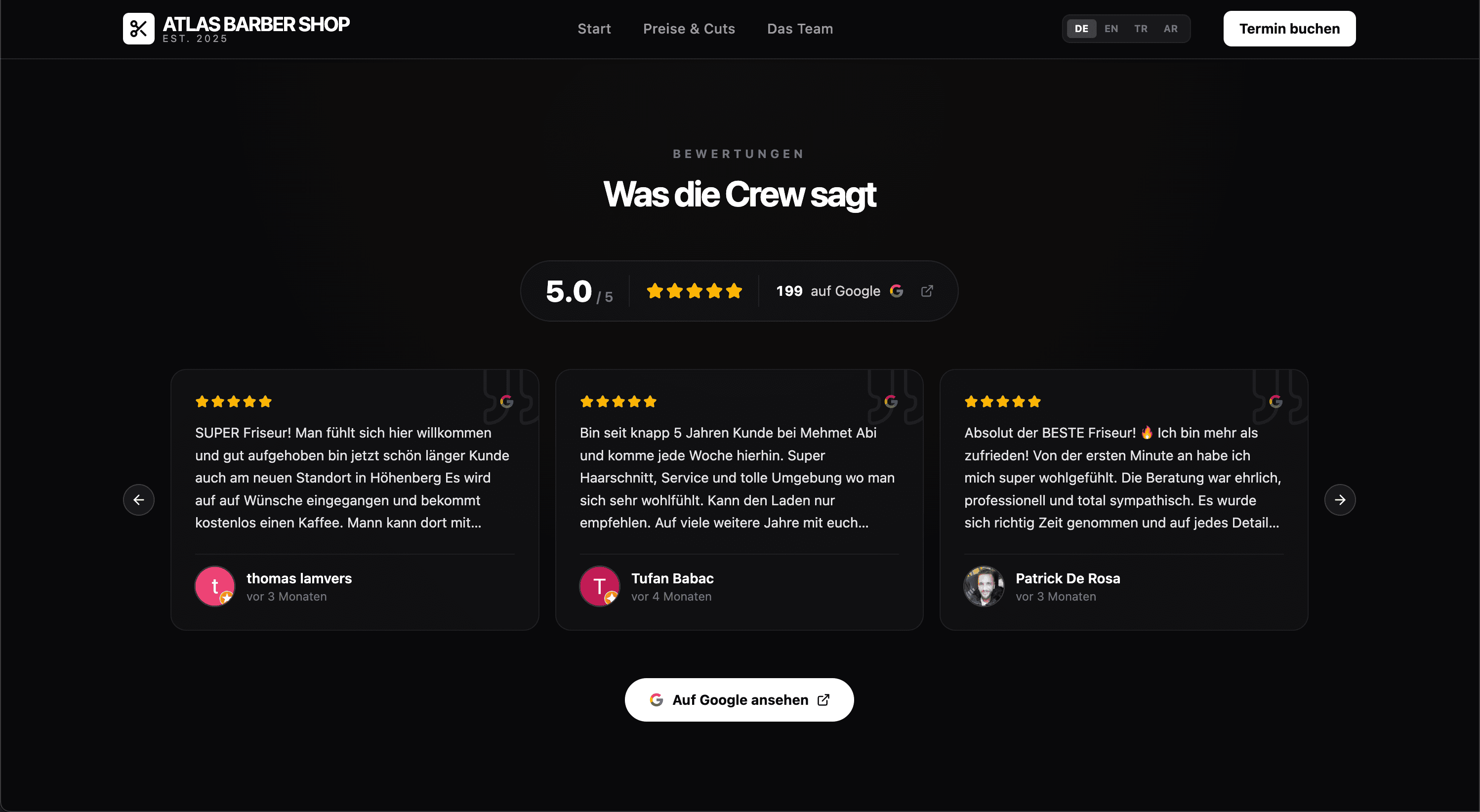 Bewertungsbereich der öffentlichen AtlasBarber-Site mit einer kuratierten Auswahl von Google-Bewertungen mit Sternen und Text.